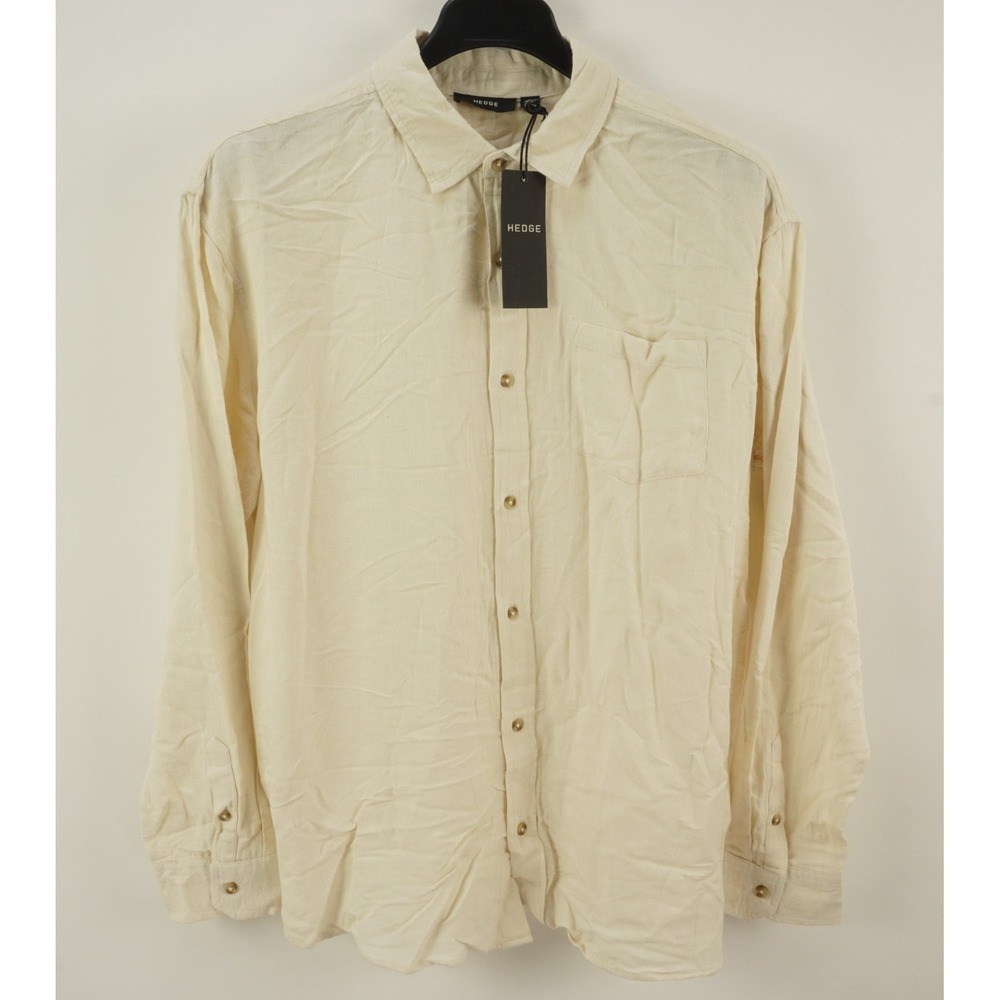 New HEDGE Viscose Linen Men's 2XL Long Sleeve Ivory Knit Pocket Button Up Shirt‎